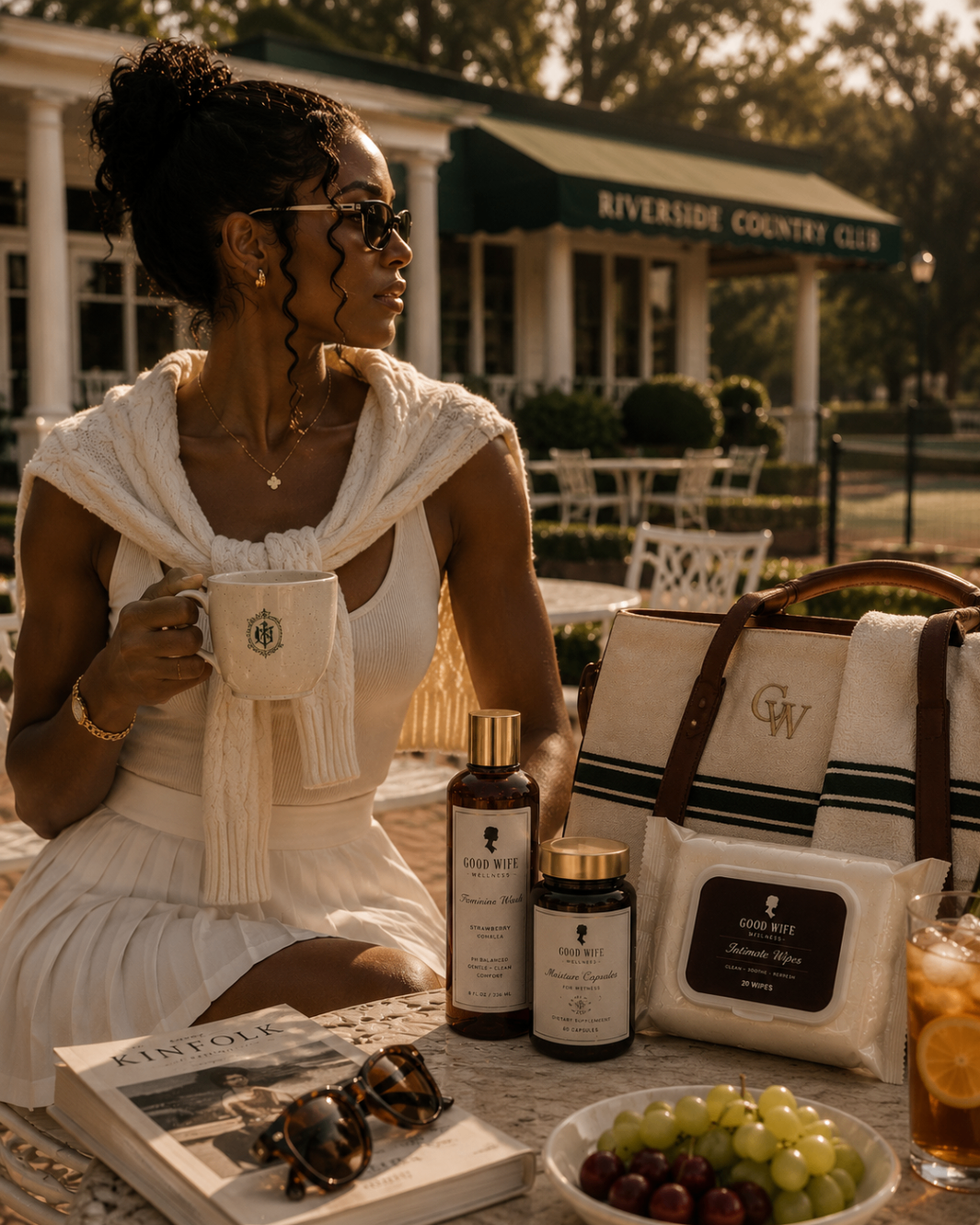 Slow mornings at the club. Coffee in hand, essentials at her side.