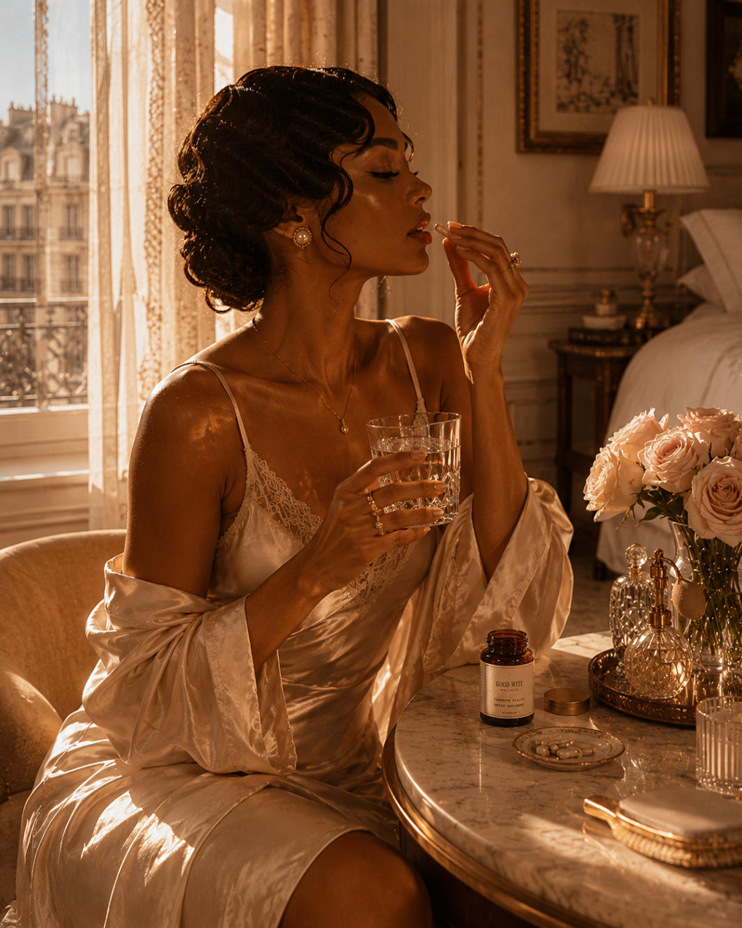 A woman taking a wellness capsule at a marble vanity in golden morning light